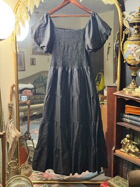 Black Smocked Puff Sleeve Tiered Midi Cottagecore Boho Romantic Dress